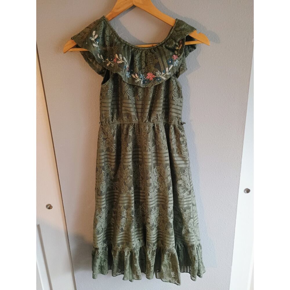 Knit works olive green lace dress embroidered floral fairy cottage princess core